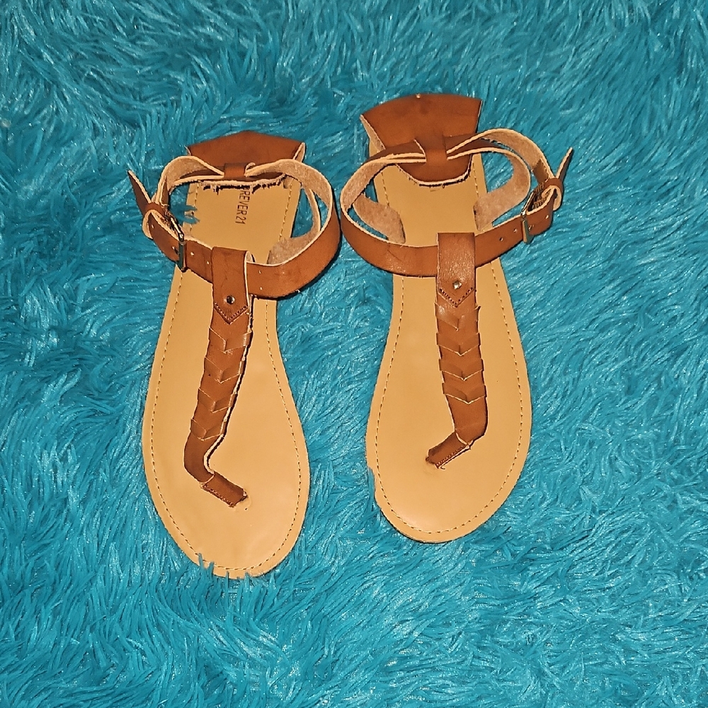 Forever 21 Brown Braided T-Strap Ankle Buckle Sandals